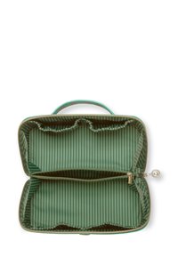 Green travel case with a zipper, featuring a striped lined interior, a top handle, and a pocket divider. Smooth exterior texture.