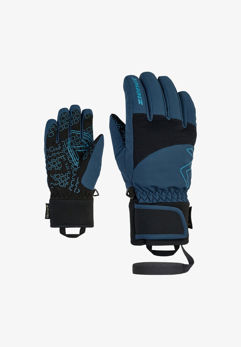 Blaue Winterhandschuhe mit einer strukturierten Handfläche, elastischem Handgelenk und verstellbarem Riemen. Hergestellt aus strapazierfähigen Materialien mit einer Kombination aus einfarbigen und gemusterten Designs.