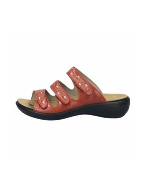 Slide sandal in vibrant red leather, featuring three adjustable straps with decorative stitching, a cushioned footbed, and a black outsole.