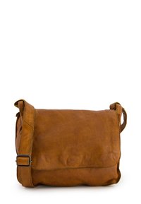 Brown leather messenger bag with a fold-over flap, adjustable strap, and minimal hardware. Features a textured surface and soft edges.