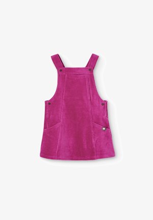 Robe salopette en velours côtelé rose vif avec bretelles et deux poches latérales, présentée sur fond blanc.
