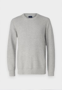 Maglione grigio chiaro con un motivo a maglia testurizzato, scollatura a girocollo e polsini a costine. Presenta una vestibilità dritta e nessun accessorio o hardware visibile.