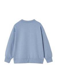 Hellblaues Sweatshirt mit Rundhalsausschnitt, langen Ärmeln und gerippten Bündchen. Weicher Stoff, lockere Passform und der Saum endet auf Taillenhöhe.