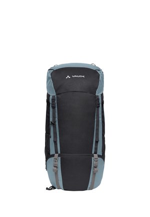 Zwarte en blauwe rugzak voor wandelen met meerdere bandjes, gespen, zijvakken van gaas en het Vaude-logo bovenin het midden.