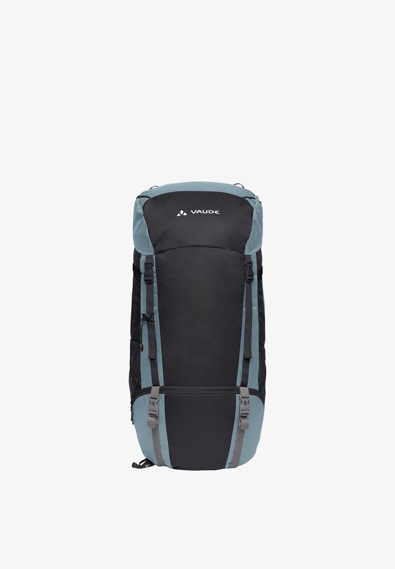 Sac à dos de randonnée noir et bleu avec plusieurs sangles, boucles, poches latérales en filet et logo Vaude au centre en haut.