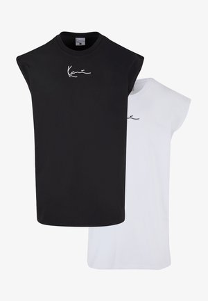 Juoda ir balta be rankovių marškinėliai, pagaminti iš medvilnės, su apvaliu kaklu, ant krūtinės turi paprastą baltą siuvinėtą logotipą.