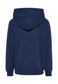 Marineblaue Kapuzenjacke mit langen Ärmeln, gerippten Bündchen und Kapuze, von hinten auf weißem Hintergrund gezeigt.