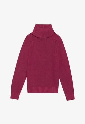 Ráncos kötött pulóver gazdag magenta színben, magas, visszahajtós garbónyakkal és hosszan elérő ujjak ribbelt mandzsettával és alsó résszel.