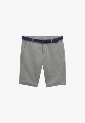 Grijze katoenen shorts met een geweven blauwe riem, voorzien van twee frontzakken en een gladde textuur, ontworpen met een op maat gemaakte pasvorm.
