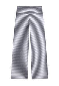 Pantalon à jambes larges avec rayures horizontales noires et blanches, taille élastique et coupe ample.