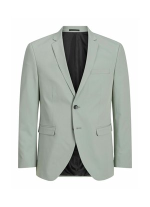 Blazer vert clair avec un design à boutonnage simple, deux poches avant, revers crantés et une doublure intérieure. Détails de boutons à l'avant.