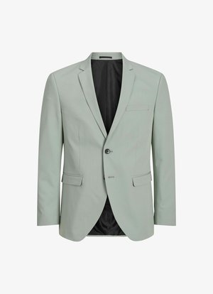 Světle zelený blazer s jedním knoflíkem, dvěma předními kapsami, klopovými límci a podšívaným interiérem. Knoflíková úprava na přední straně.