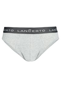 Szare bawełniane majtki z czarnym elastycznym pasem, na którym znajduje się logo "LANCERTO". Gładka tekstura i dopasowany krój w klasycznym stylu.