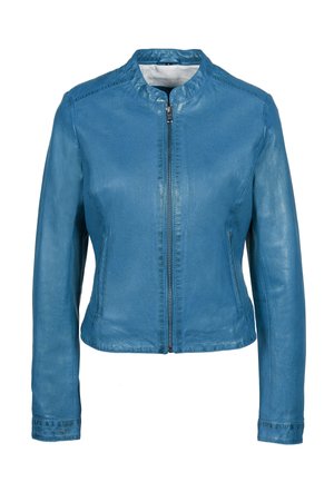 Giubbotto in pelle blu con colletto alto, chiusura frontale con zip, maniche lunghe e texture liscia. Vestibilità su misura senza motivi visibili.
