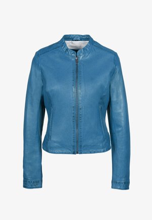 Veste en cuir bleu avec un col montant, fermeture éclair à l'avant, manches longues et texture lisse. Coupe ajustée sans motifs visibles.