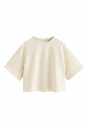 Kremfarvet kort T-shirt med korte, brede ærmer og rund halsudskæring, vist mod en hvid baggrund.
