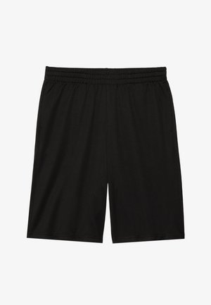 Black athletic shorts with an elastic waistband, made of lightweight, breathable fabric. Features side pockets and a simple design.