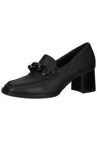 Chaussures à talon bloc en cuir noir avec un bout rond, présentant une chaîne décorative sur le devant et des accents de couture. Texture lisse.