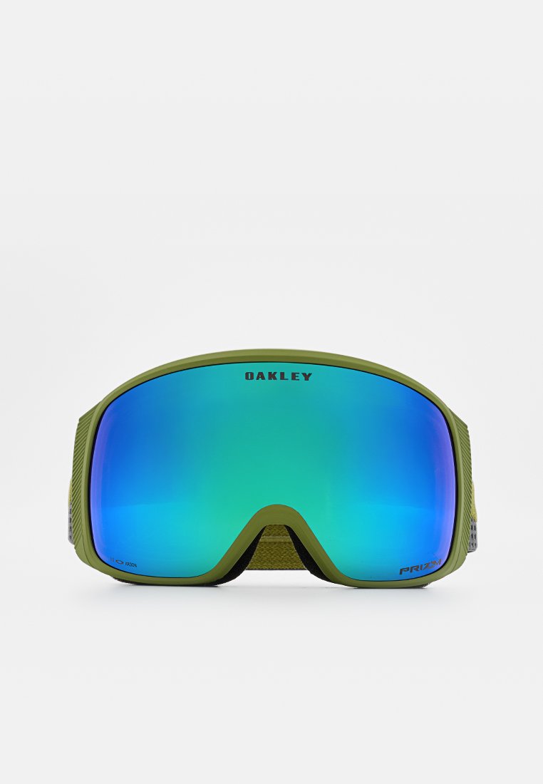 Gogle narciarskie Oakley z zieloną ramką i dużymi niebiesko-zielonymi lustrzanymi soczewkami. Tekurowane akcenty po bokach poprawiają chwyt i dopasowanie.