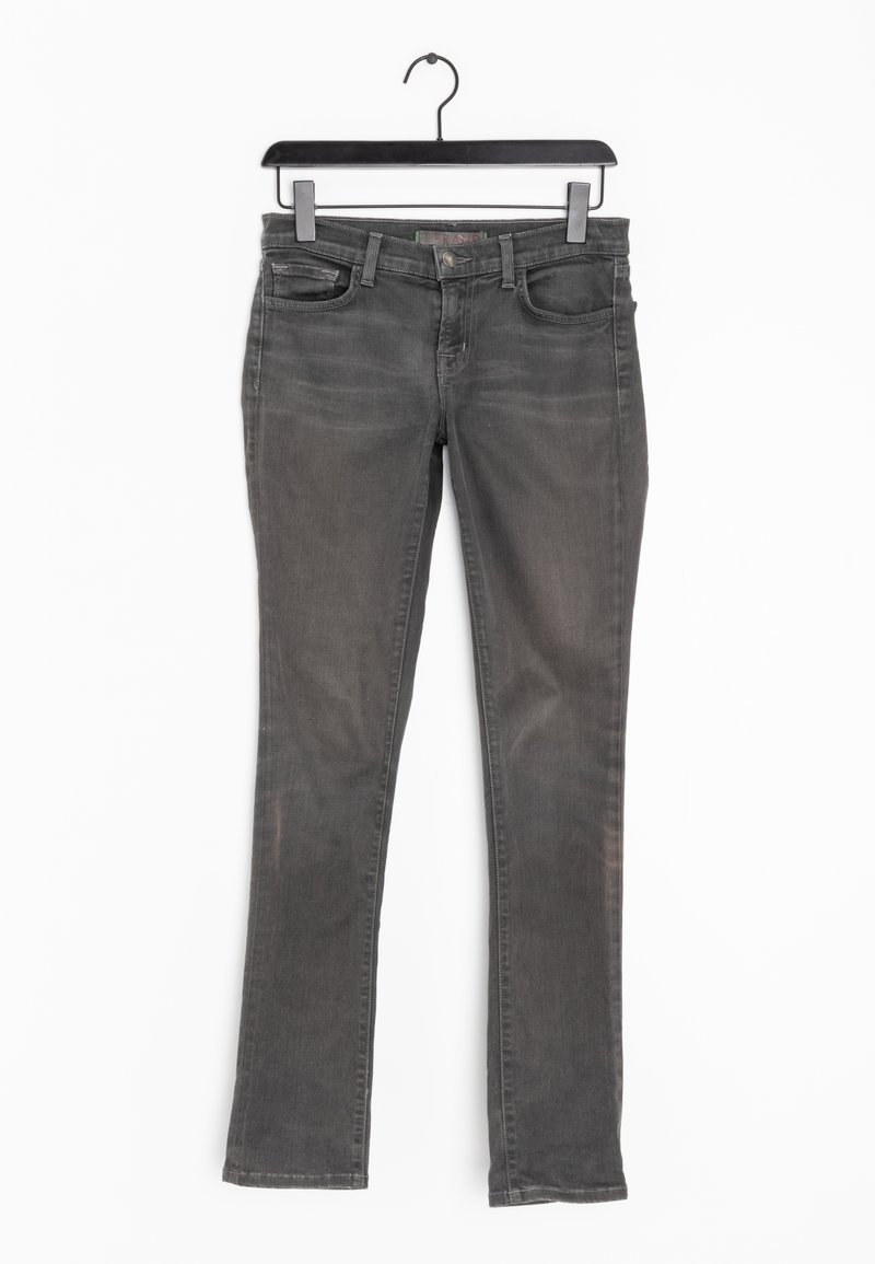 Vaqueros de mezclilla gris con un corte slim, que cuentan con cinco bolsillos, un sutil aspecto desgastado y detalles cosidos a lo largo de las costuras.