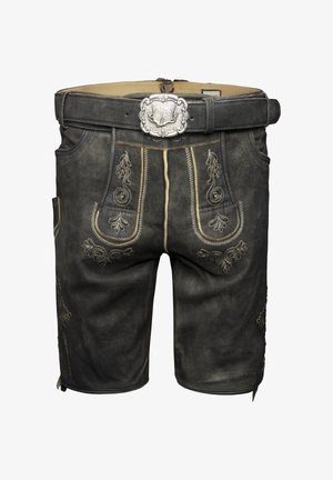 Pantaloni corti in pelle nera con ricami intricati in argento, una fibbia argentata e un design classico con due tasche laterali.