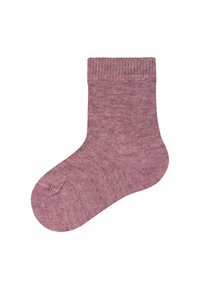 Calza rosa rigata realizzata in materiale morbido, design alla caviglia con punta arrotondata e finitura testurizzata sottile. Nessun marchio o motivo visibile.