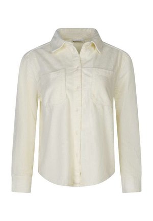 Chemise en velours côtelé de couleur crème à manches longues, avec une fermeture à boutons sur le devant, deux poches poitrine et un col classique.