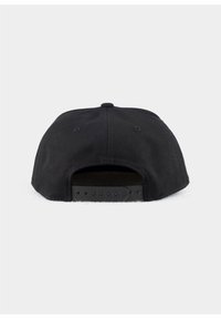 Black baseball cap with a flat brim and adjustable snapback closure. Made from textured fabric; features ventilation eyelets. Back view shown.