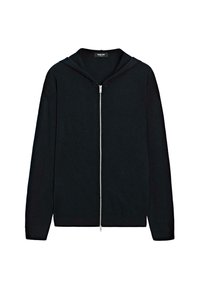 Felpa nera con zip realizzata in tessuto morbido, dotata di cappuccio foderato, maniche lunghe e polsi e orlo a coste. Design minimalista senza motivi.