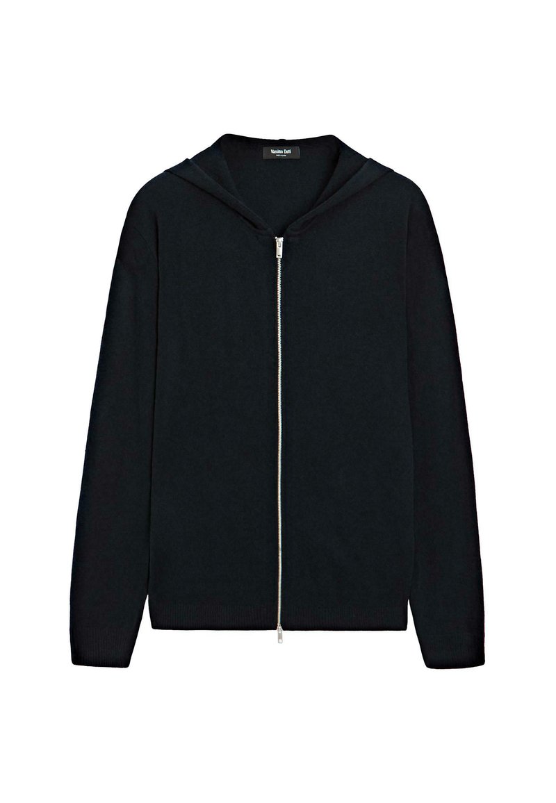Felpa nera con zip realizzata in tessuto morbido, dotata di cappuccio foderato, maniche lunghe e polsi e orlo a coste. Design minimalista senza motivi.