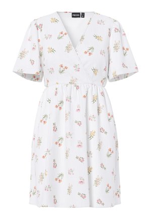 Balta trumpomis rankovėmis suveržiama suknelė su V formos iškirpte ir mažais pasteliniais gėlių raštais rožinės, geltonos ir žalios spalvos.