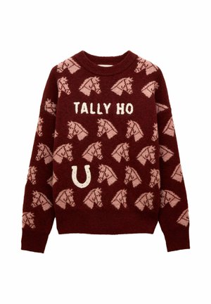 Bordeaux strik med rosa hestehoveder mønstre, hvid tekst "TALLY HO" og et hvidt hestesko design foran.