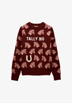 Maglione bordeaux con motivi a testa di cavallo rosa, testo bianco "TALLY HO" e un design di ferro di cavallo bianco sul davanti.