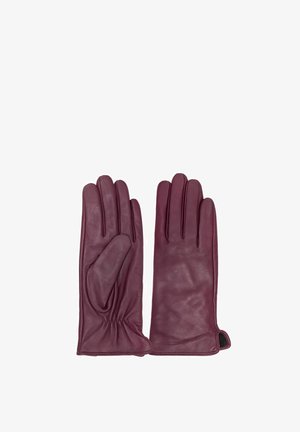 Bordowe skórzane rękawiczki o gładkiej fakturze, z smukłymi palcami i marszczeniem przy nadgarstku. Jedna z rękawic ma ukryte otwarcie na dłoni.