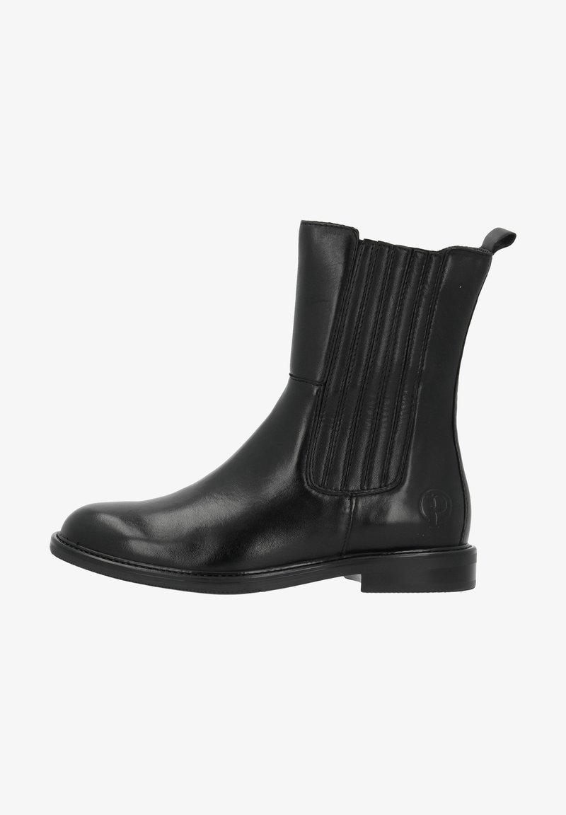Bottine en cuir noir avec panneaux latéraux élastiques, talon bas, languette de traction à l'arrière, et bout arrondi, vue de profil.