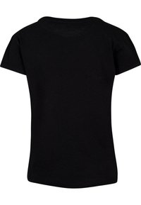 Black short-sleeve T-shirt with a round neckline, made from cotton fabric. Simple design with no patterns or accents. Back view shown.