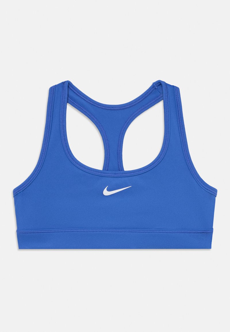 Blauwe sportbeha van rekbaar materiaal, met een racerback-design en een klein wit Nike-logo aan de voorkant. Gladde textuur.
