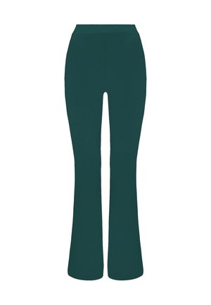 Spodnie dzwony z ciemnozielonego materiału, z wysokim stanem i gładką, elastyczną teksturą. Prosty krój bez widocznych wzorów czy akcentów.