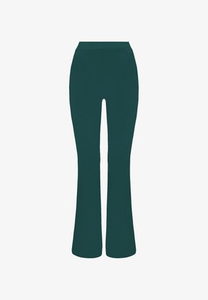 Spodnie dzwony z ciemnozielonego materiału, z wysokim stanem i gładką, elastyczną teksturą. Prosty krój bez widocznych wzorów czy akcentów.