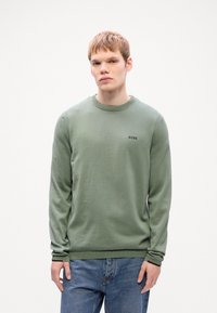Green cotton sweater with long sleeves, ribbed neckline and cuffs, featuring a small black logo on the chest and a textured finish.