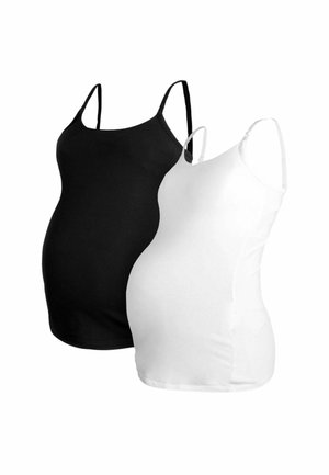 Dwie koszulki ciążowe na ramiączkach w kolorze czarnym i białym, z regulowanymi ramiączkami, wykonane z gładkiego, elastycznego materiału, zaprojektowane z myślą o komforcie.