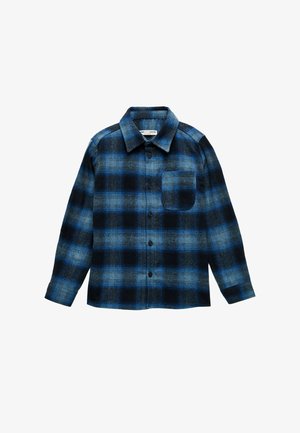 Blauw en zwart geruite flanellen shirt met lange mouwen, knoopsluiting, puntige kraag en een enkele borstzak. Zachte textuur.