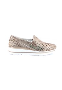Scarpa slip-on di colore dorato metallico, realizzata in materiale perforato. Presenta una suola bianca e un piccolo dettaglio dorato sul lato.