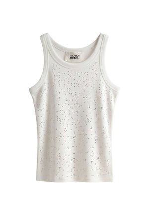 Canotta bianca senza maniche a coste con piccoli puntini argento uniformemente distribuiti e scollo rotondo.