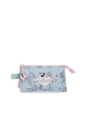 Estuche para lápices de Minnie Mouse en azul claro y rosa con dibujos animados, un tirador de cremallera en forma de lazo y el texto "Minnie Mouse American Darling" en el frente.
