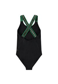 Maillot de bain noir au design épuré avec des bretelles croisées vertes accentuées de rayures dorées. Tissu lisse et élastique, silhouette moderne.