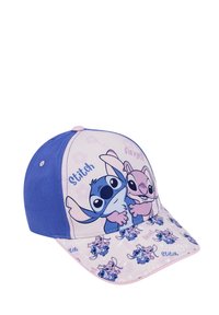 Cappellino da baseball blu e rosa con i personaggi Stitch e Angel, con una visiera decorata che mostra piccole immagini dei personaggi.