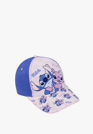 Cappellino da baseball blu e rosa con i personaggi Stitch e Angel, con una visiera decorata che mostra piccole immagini dei personaggi.