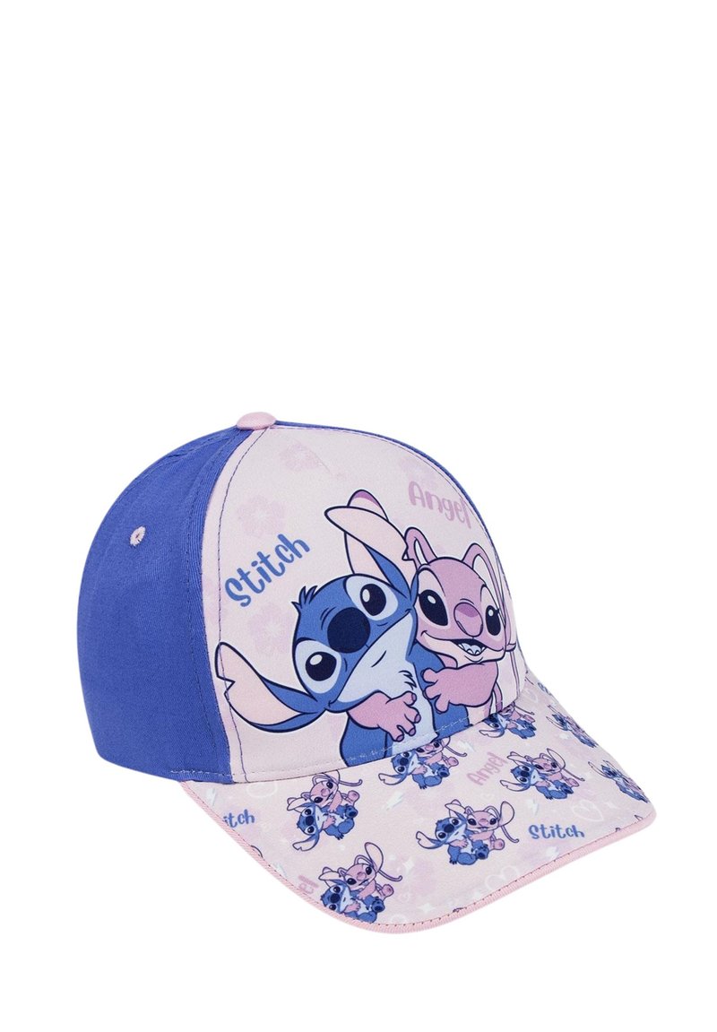 Cappellino da baseball blu e rosa con i personaggi Stitch e Angel, con una visiera decorata che mostra piccole immagini dei personaggi.