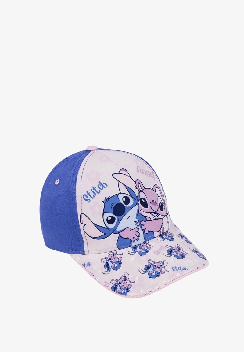 Cappellino da baseball blu e rosa con i personaggi Stitch e Angel, con una visiera decorata che mostra piccole immagini dei personaggi.